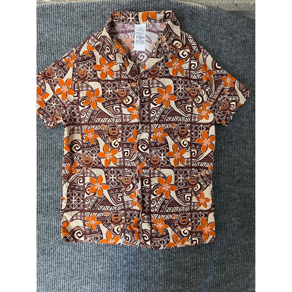 Disney Parks Enchanted Tiki Room Aloha Shirt Mens Large Orange Brown Floral